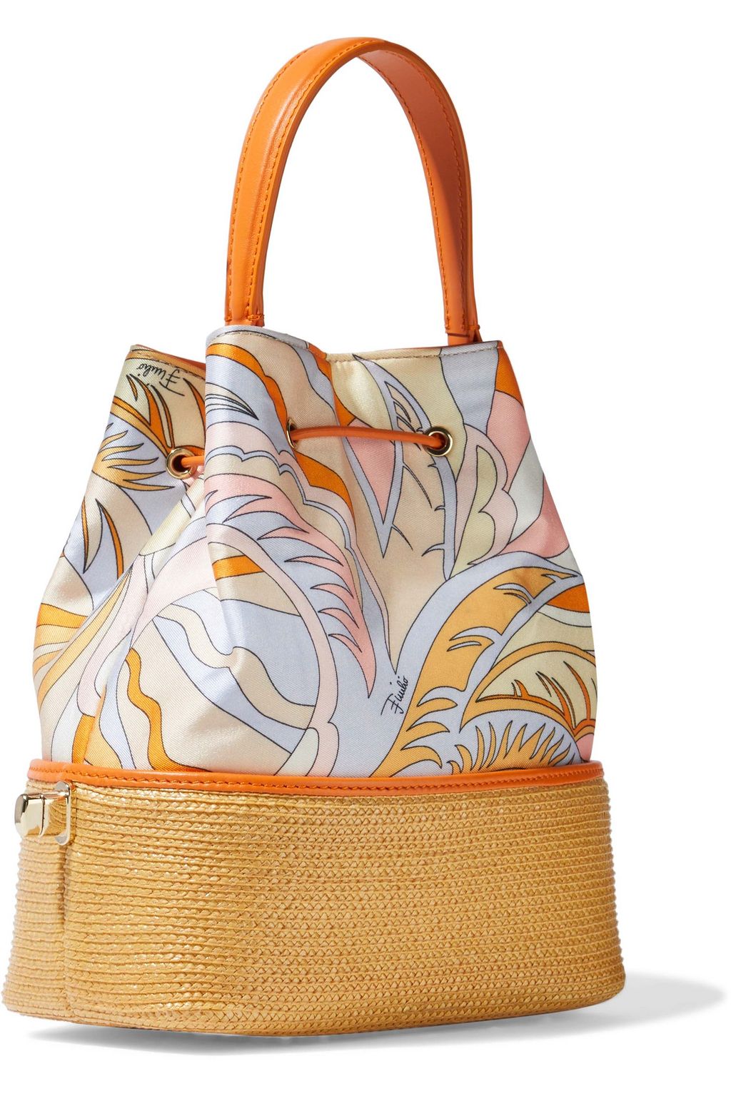 Orange Bonita woven straw-paneled printed satin-twill bucket bag | Sale ...