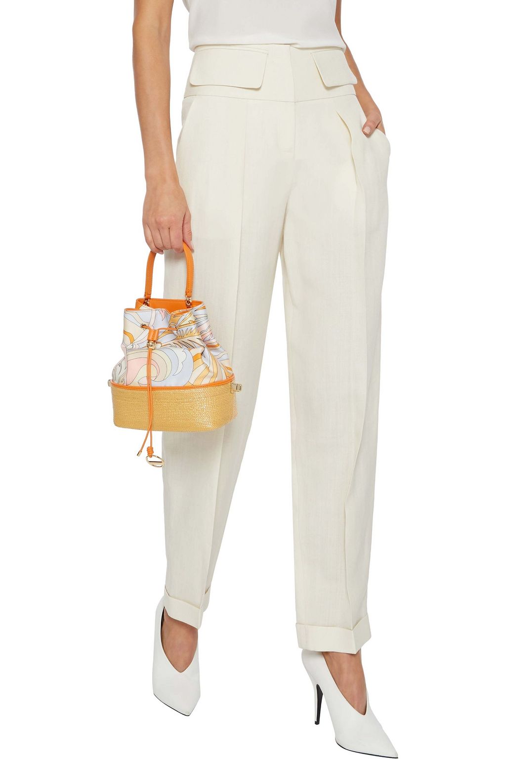 PUCCI Bonita woven straw-paneled printed satin-twill bucket bag