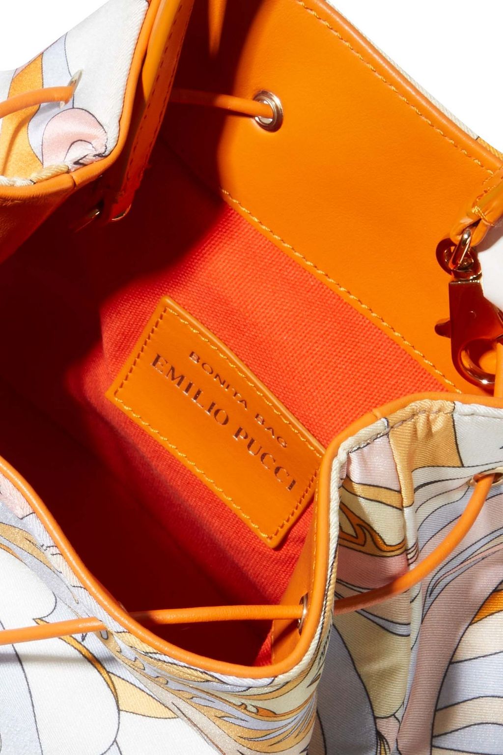 PUCCI Bonita woven straw-paneled printed satin-twill bucket bag