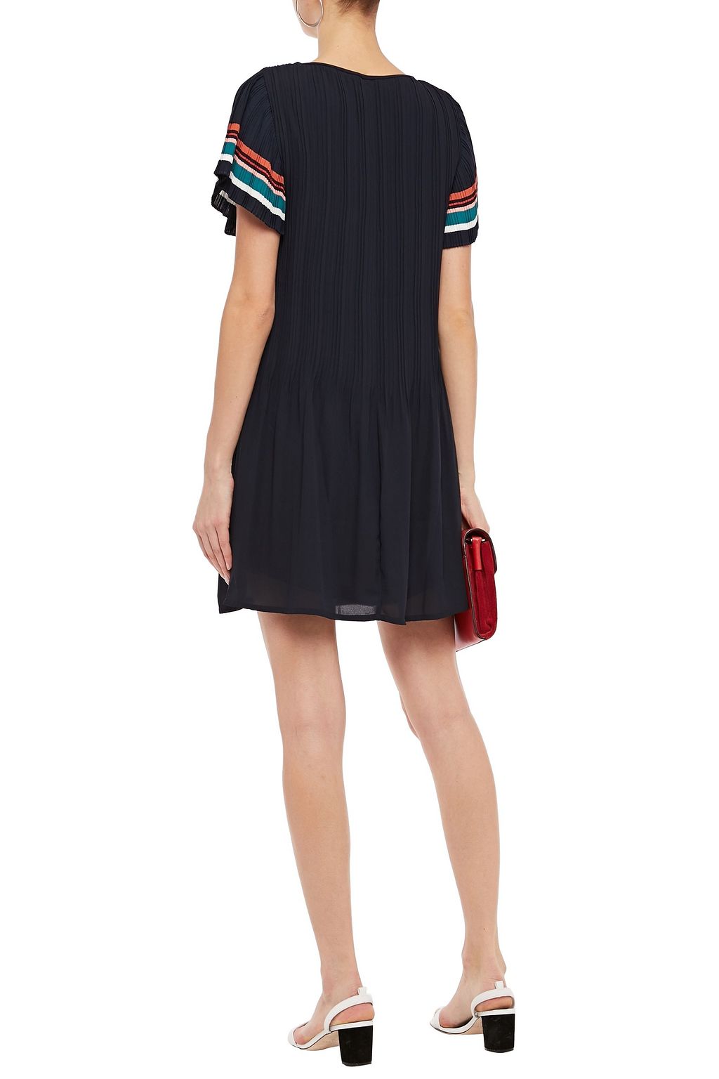 MAJE Pleated striped crepe mini dress