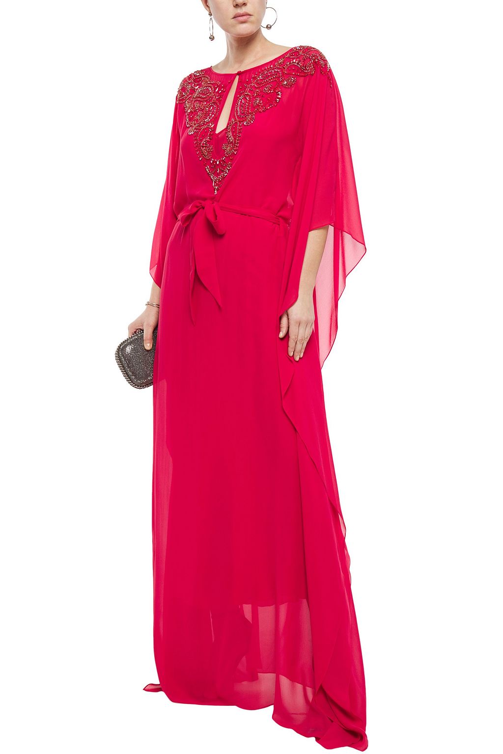 ROBERTO CAVALLI Belted embellished silk crepe de chine gown