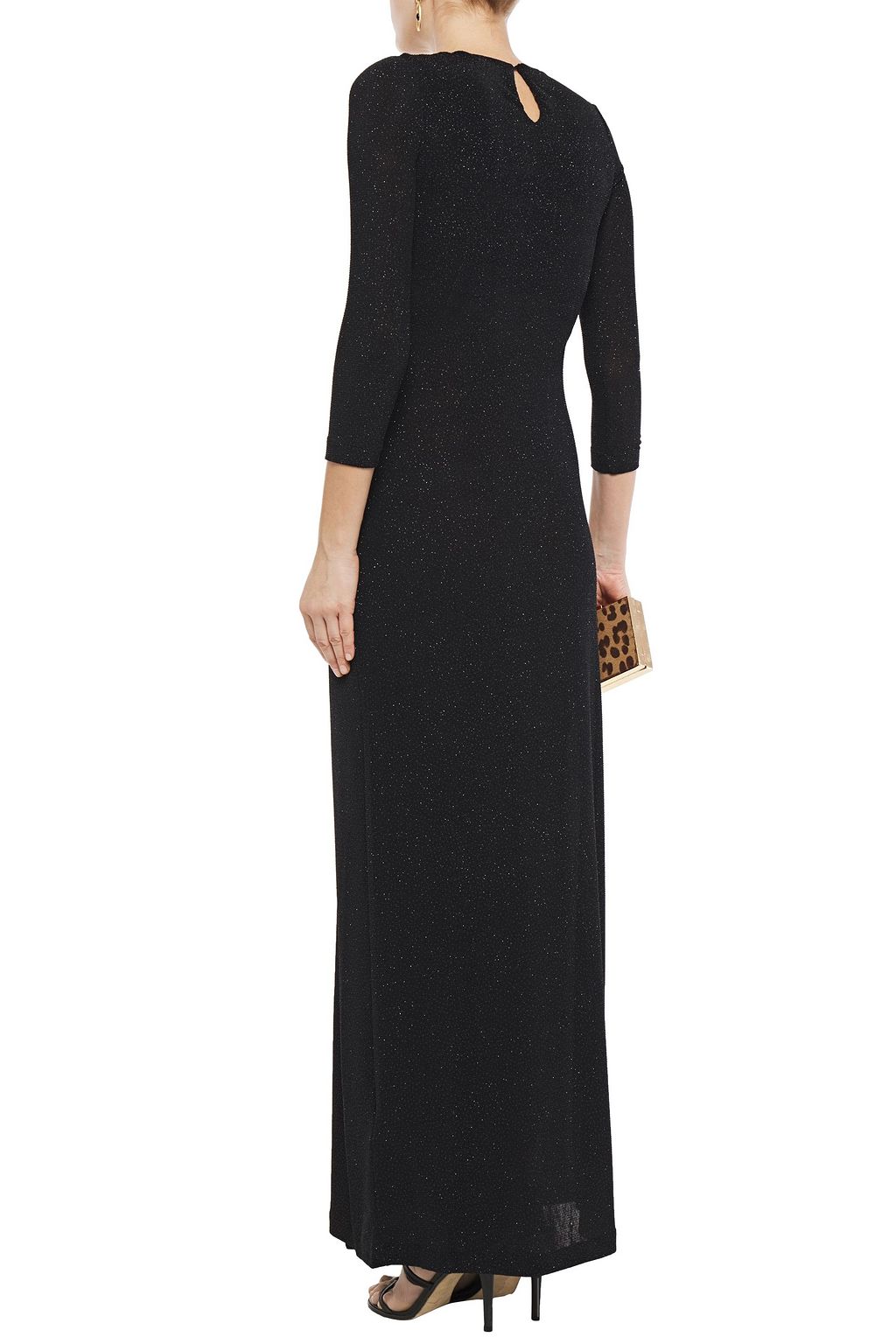 JUST CAVALLI Ruched glitter-embellished stretch-knit maxi dress