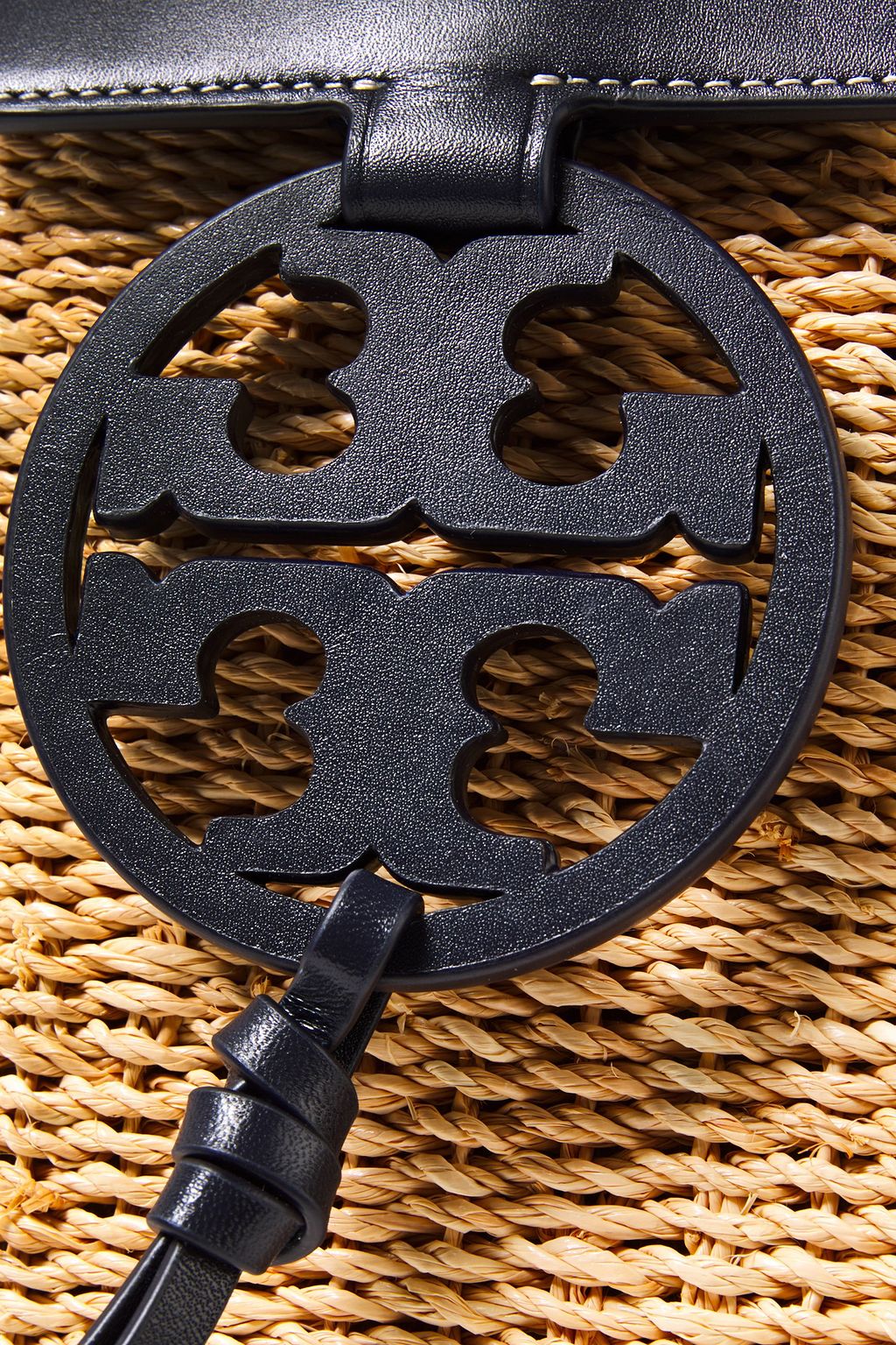 TORY BURCH Leather-trimmed raffia phone bag