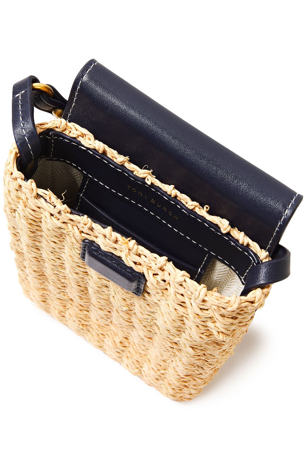 TORY BURCH Leather-trimmed raffia phone bag