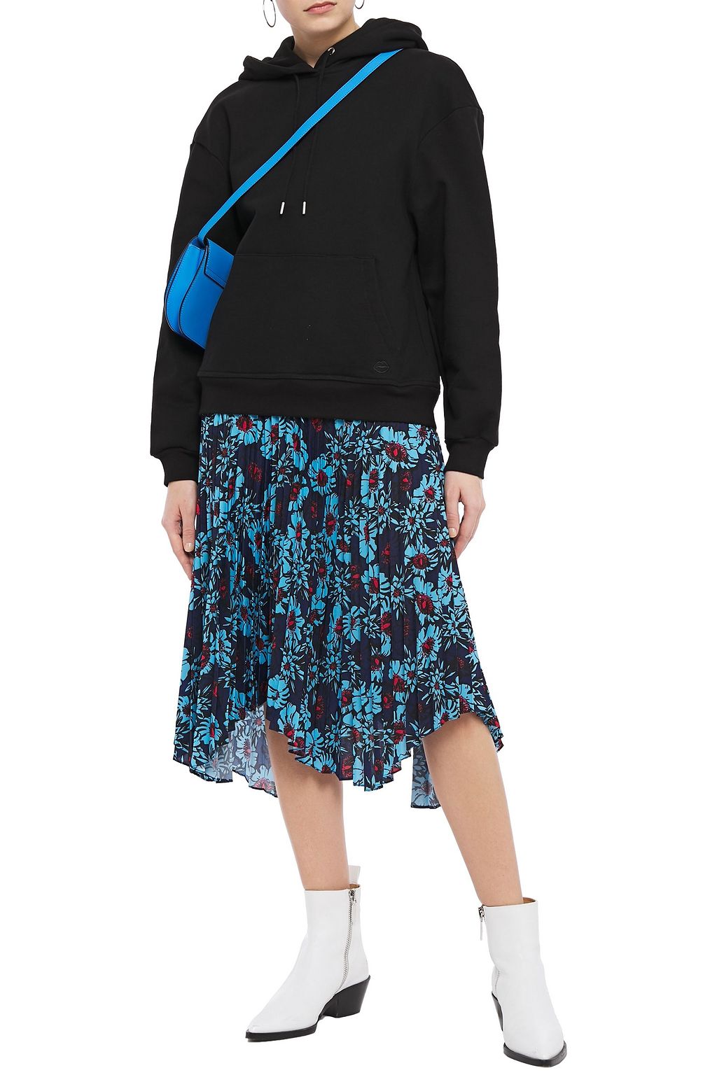 MARKUS LUPFER Emilee cotton-fleece and floral-print crepe de chine hooded midi dress