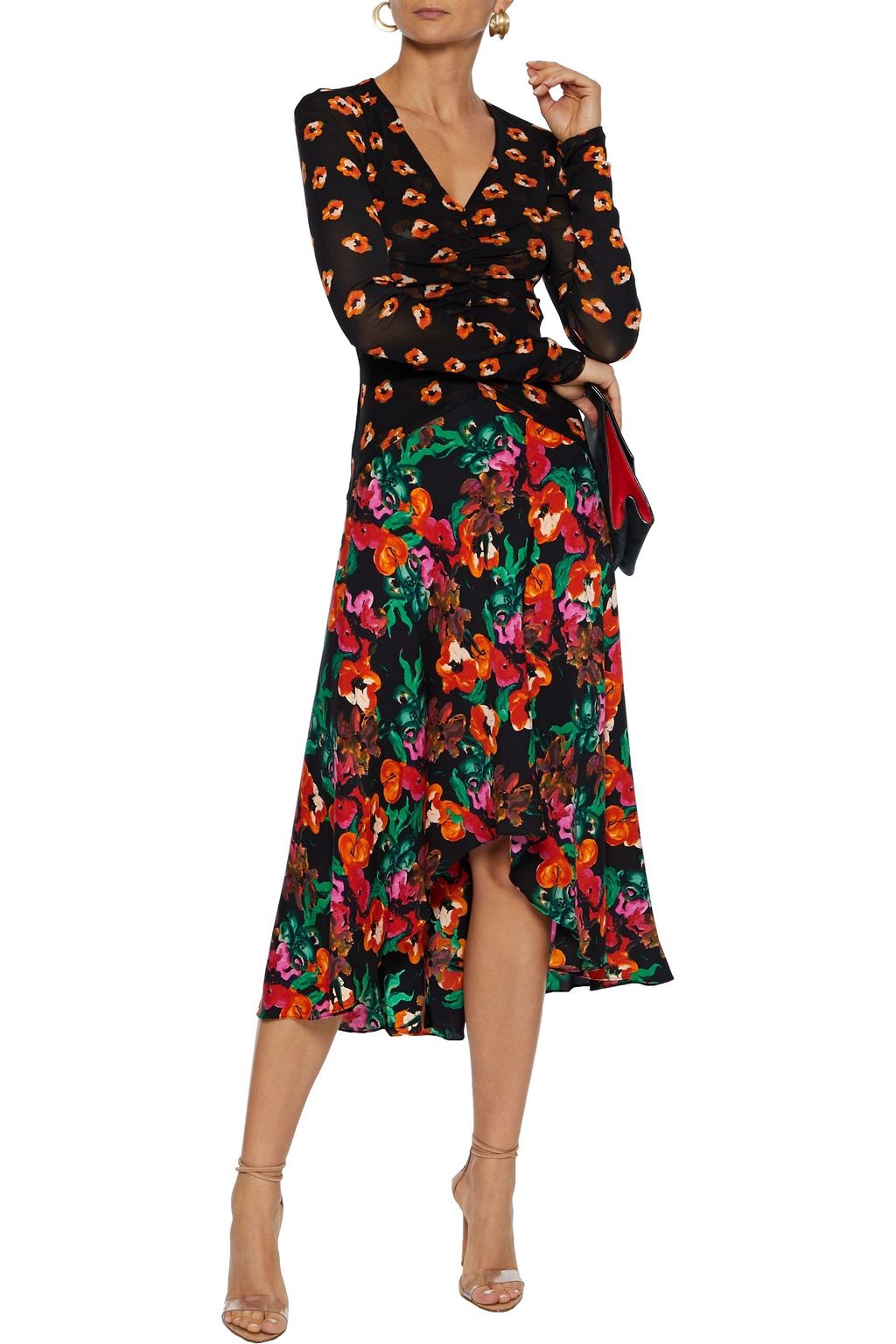DIANE VON FURSTENBERG Linia floral-print mesh and silk-blend crepe de chine midi dress