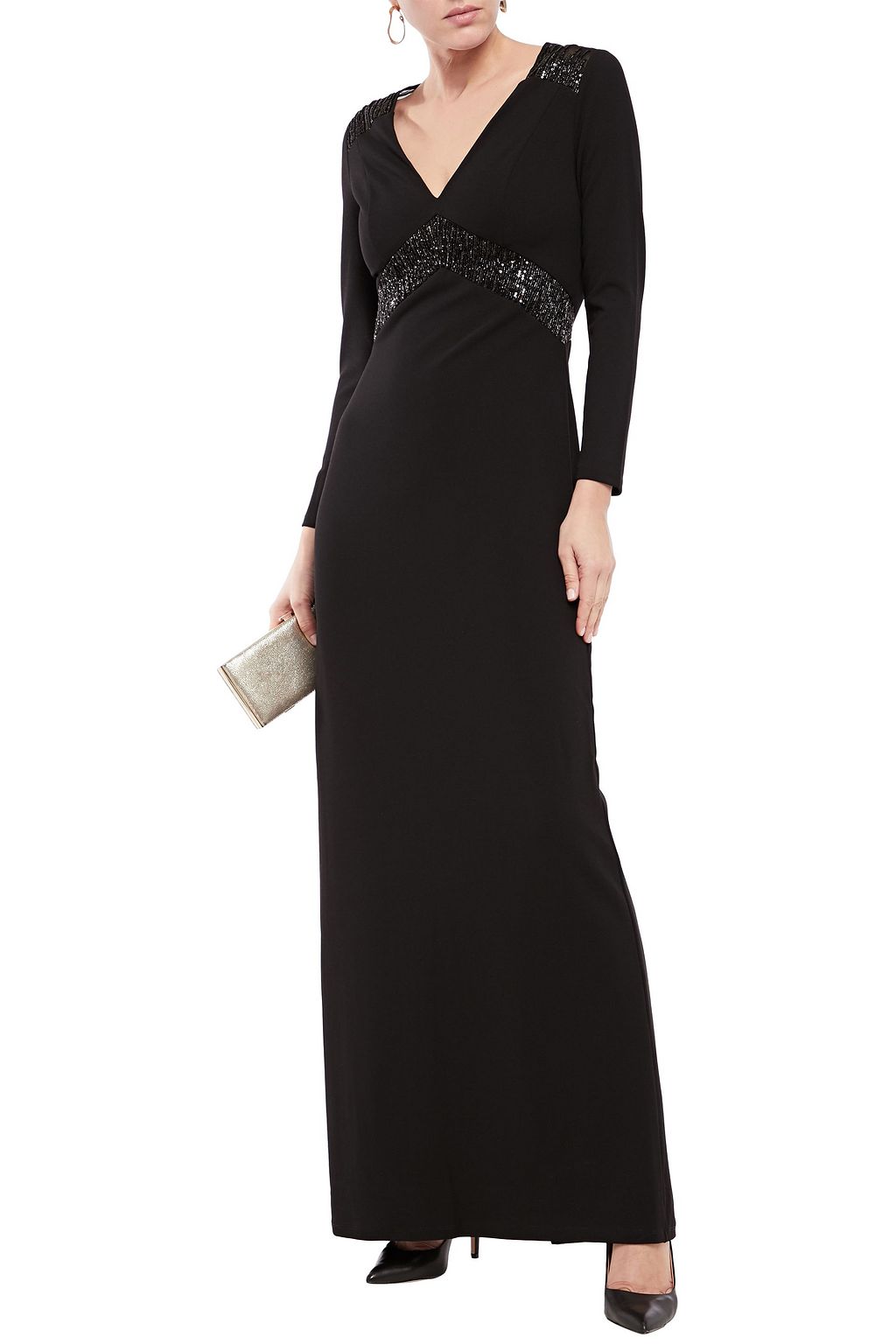 HALSTON HERITAGE Embellished tulle-paneled stretch-crepe gown