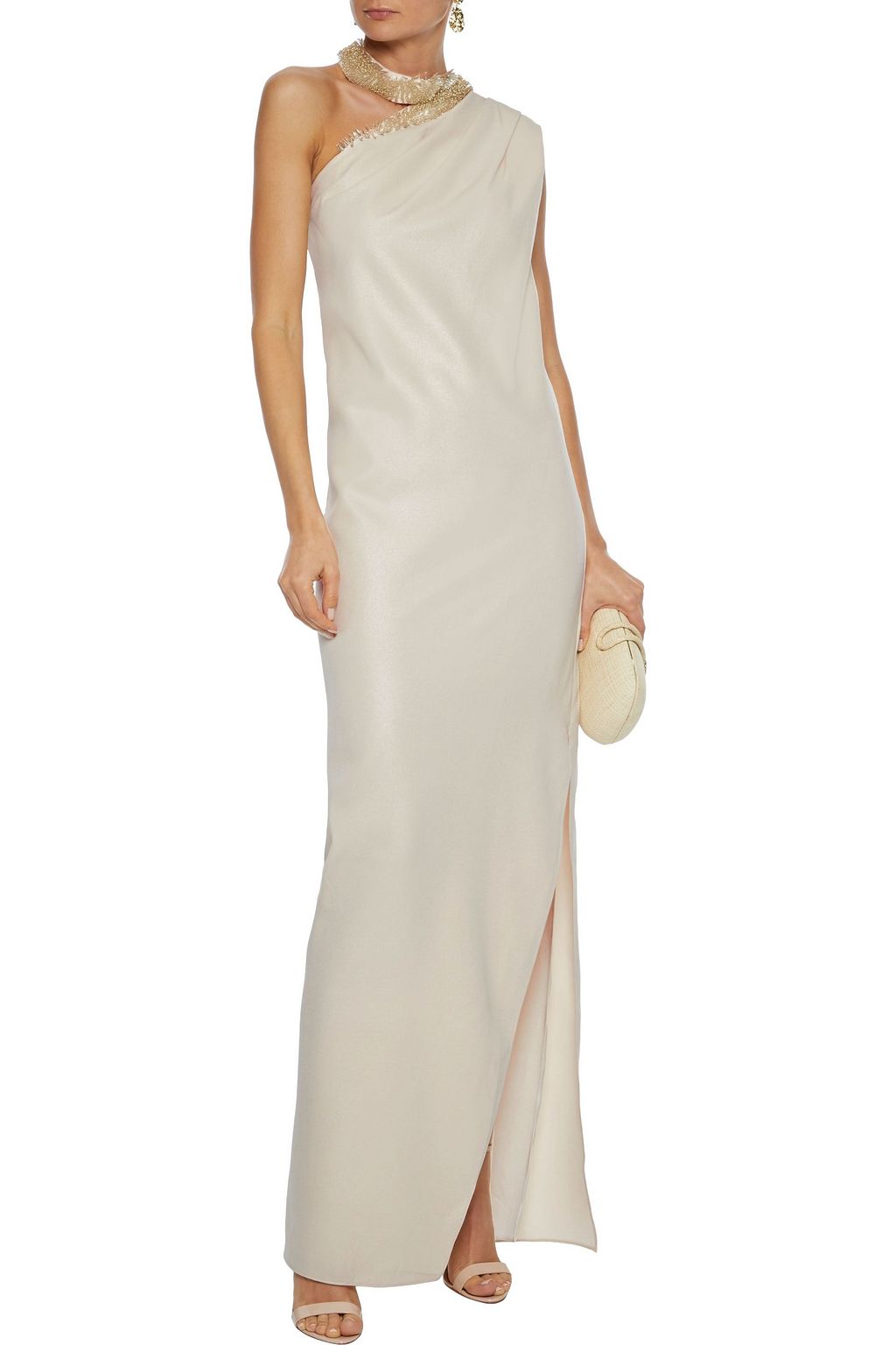 halston one shoulder crepe gown