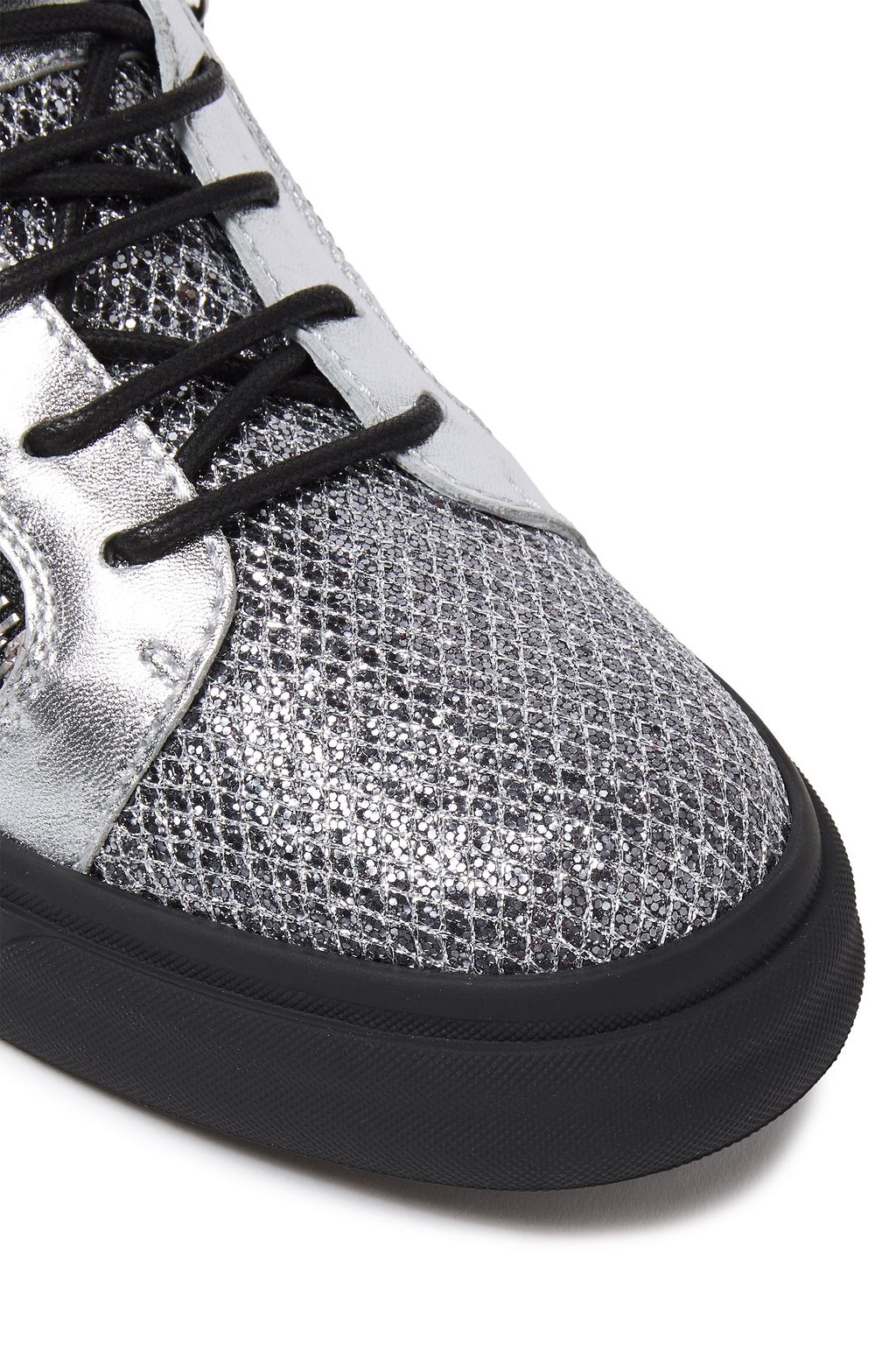 GIUSEPPE ZANOTTI London zip-detailed glittered snake-effect and metallic leather sneakers