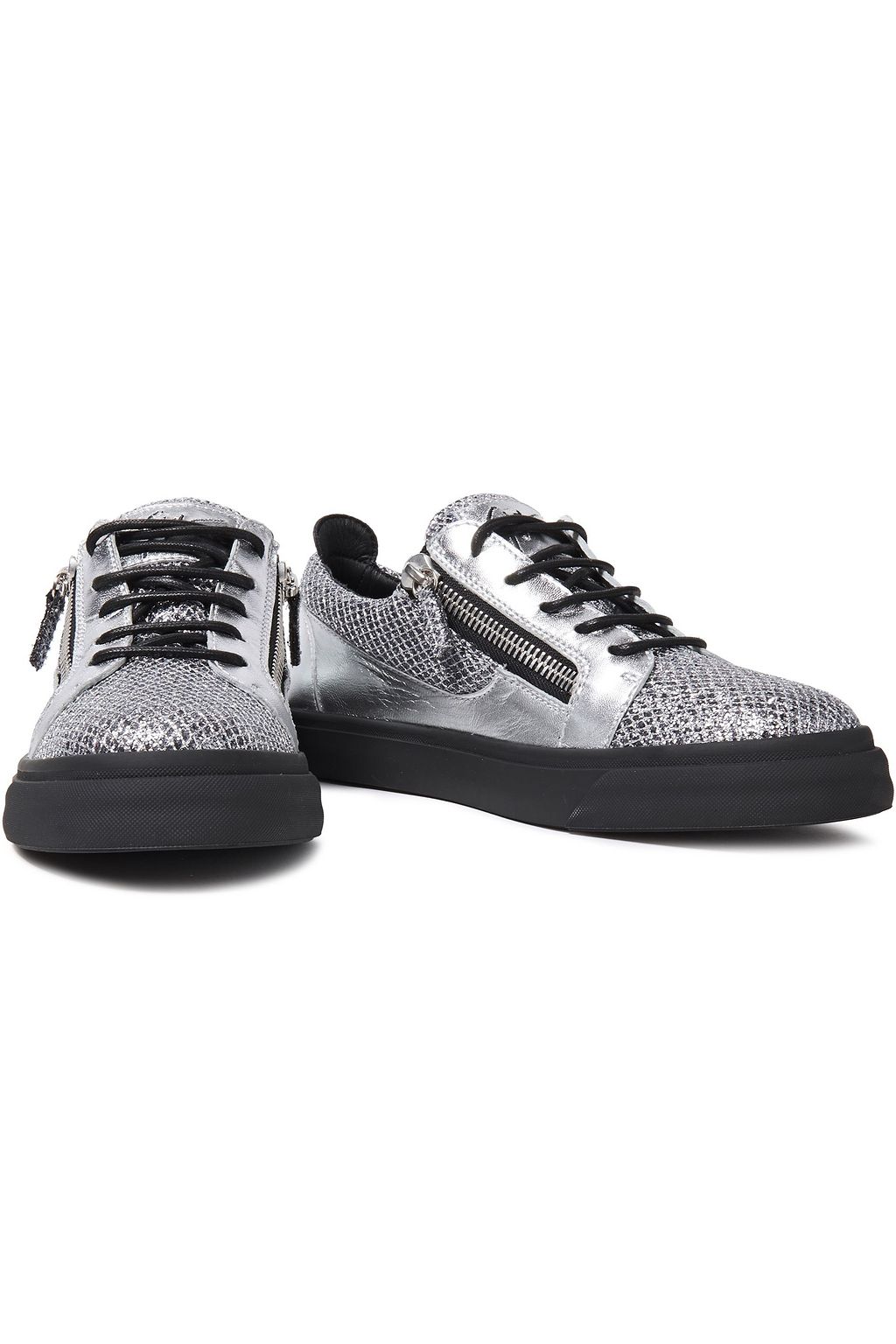 GIUSEPPE ZANOTTI London zip-detailed glittered snake-effect and metallic leather sneakers