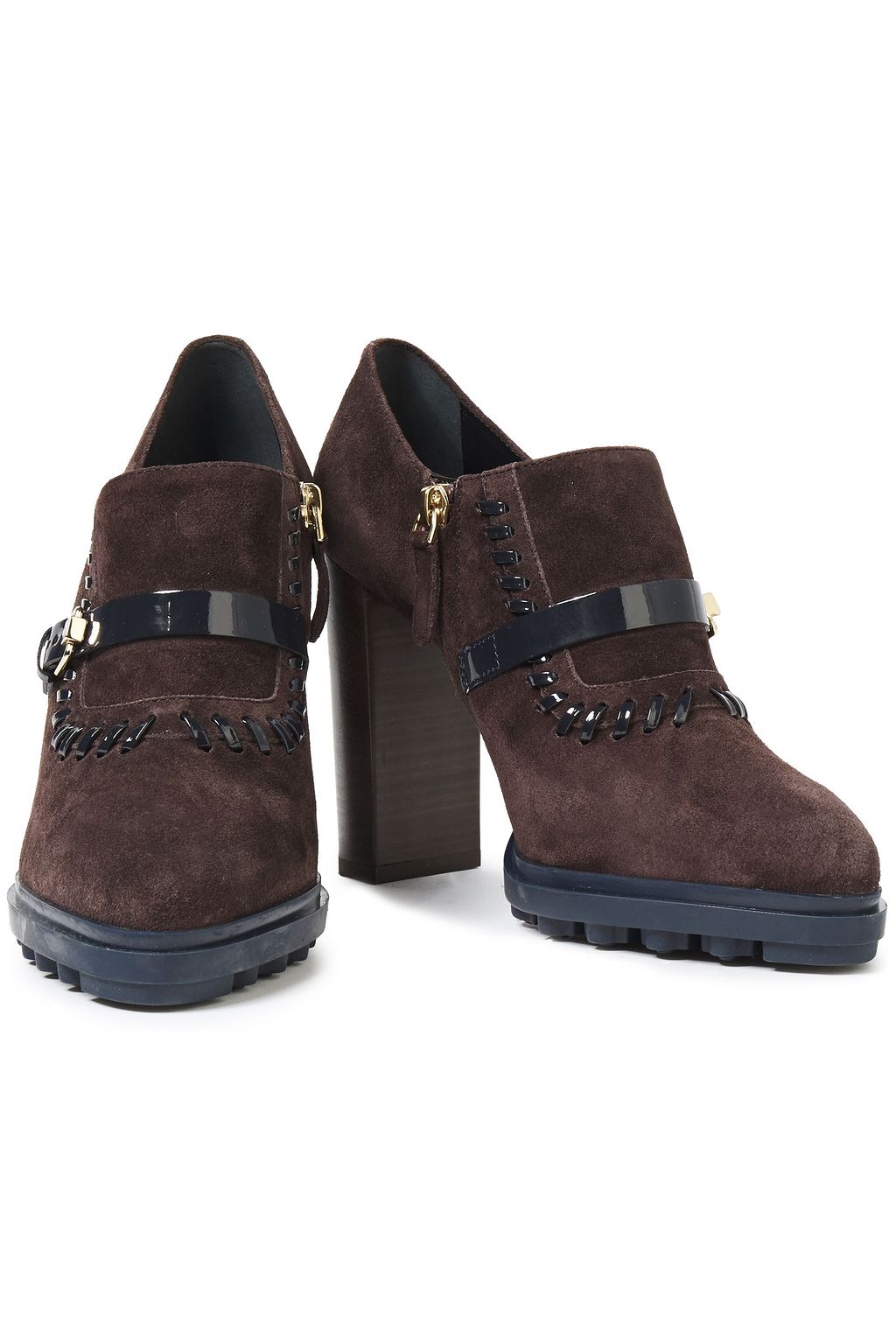 TOD'S Whipstitched patent leather-trimmed suede ankle boots