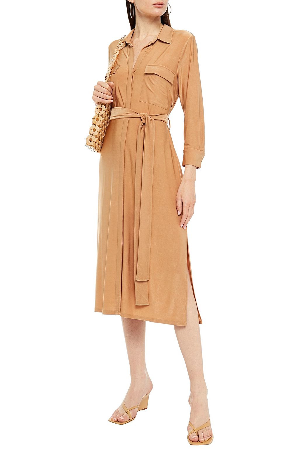 L'AGENCE Rivi belted satin-jersey midi shirt dress
