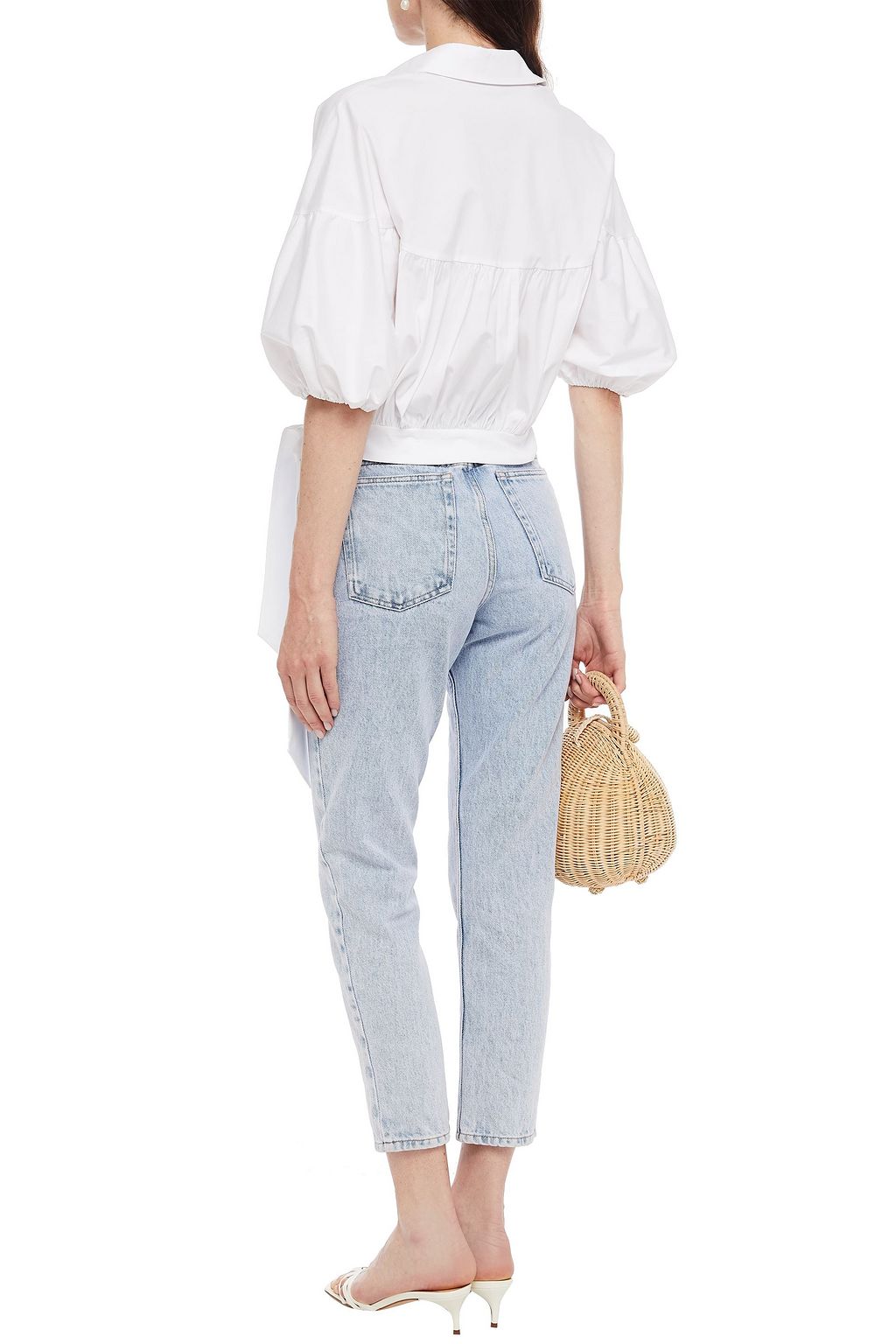 LELA ROSE Cropped tie-front broderie anglaise-trimmed cotton-blend poplin shirt