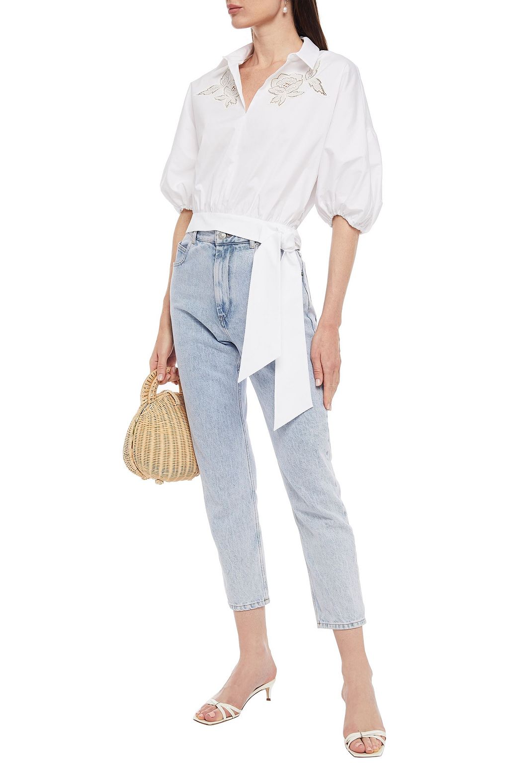 LELA ROSE Cropped tie-front broderie anglaise-trimmed cotton-blend poplin shirt