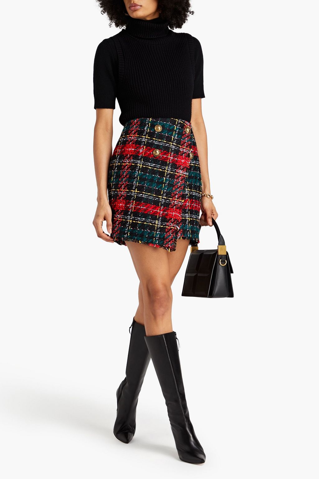 BALMAIN Wrap-effect embellished tweed mini skirt