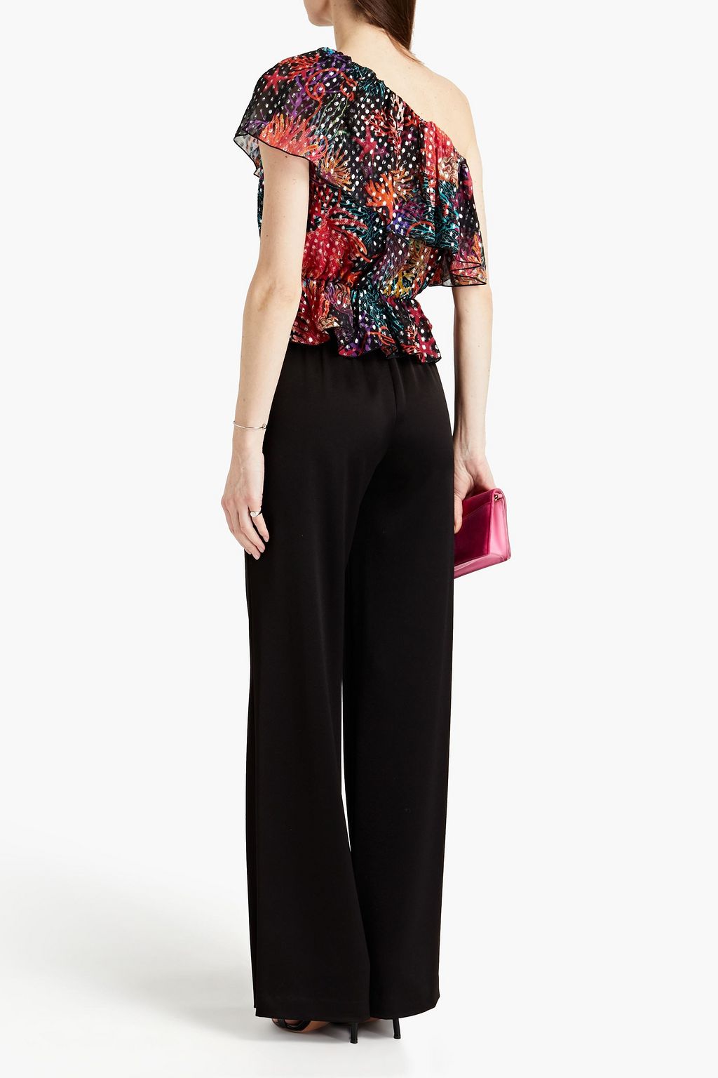 DUNDAS One-shoulder printed fil coupé silk-blend georgette top