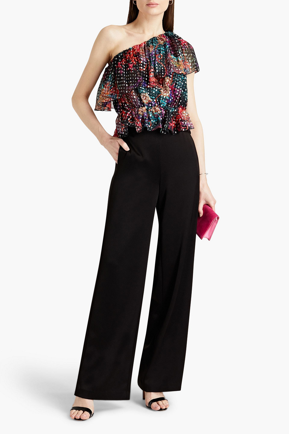 Shop Dundas One-shoulder Printed Fil Coupé Silk-blend Georgette Top In Black