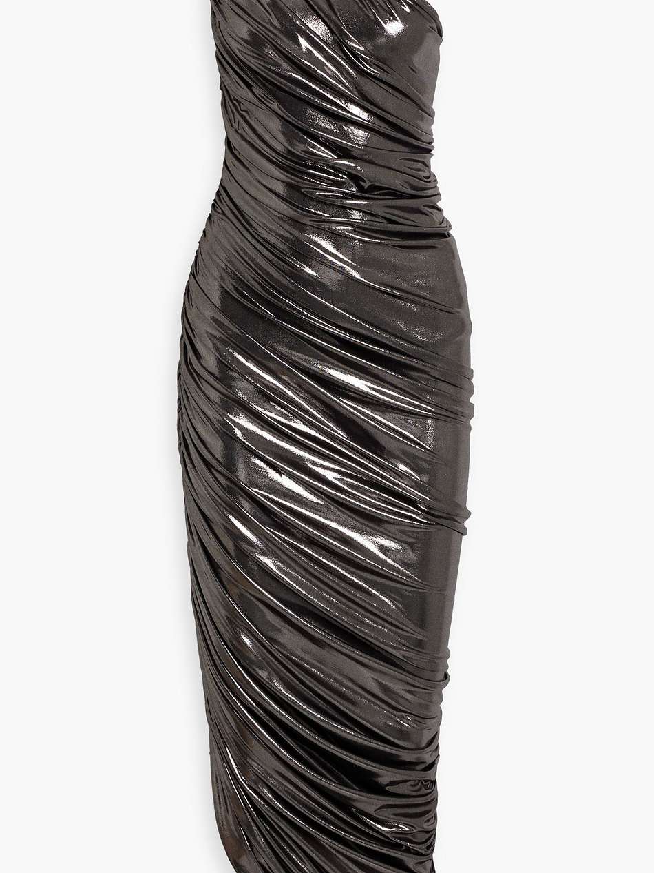 diana one-shoulder ruched lamé midi dress
