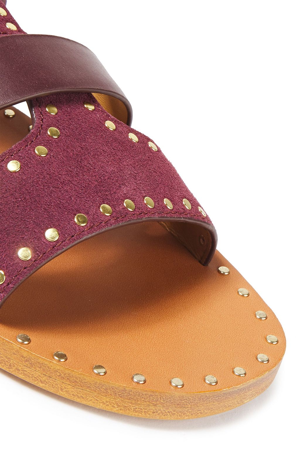 SANDRO Studded suede, leather and leopard-print satin sandals
