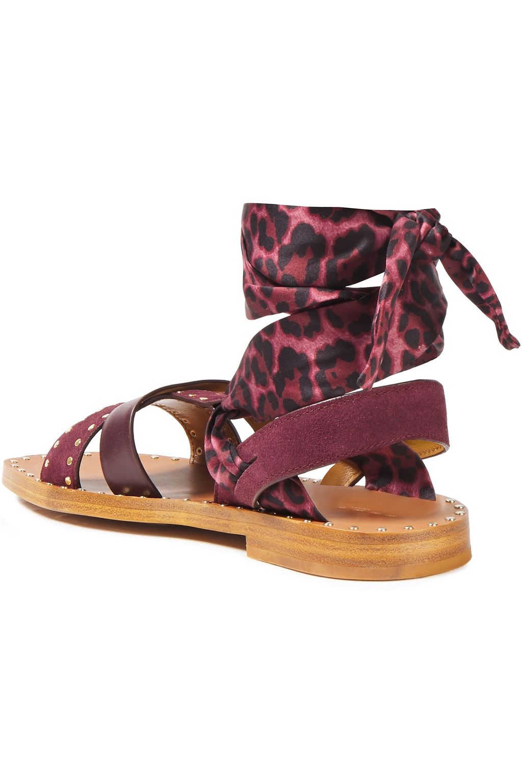 SANDRO Studded suede, leather and leopard-print satin sandals