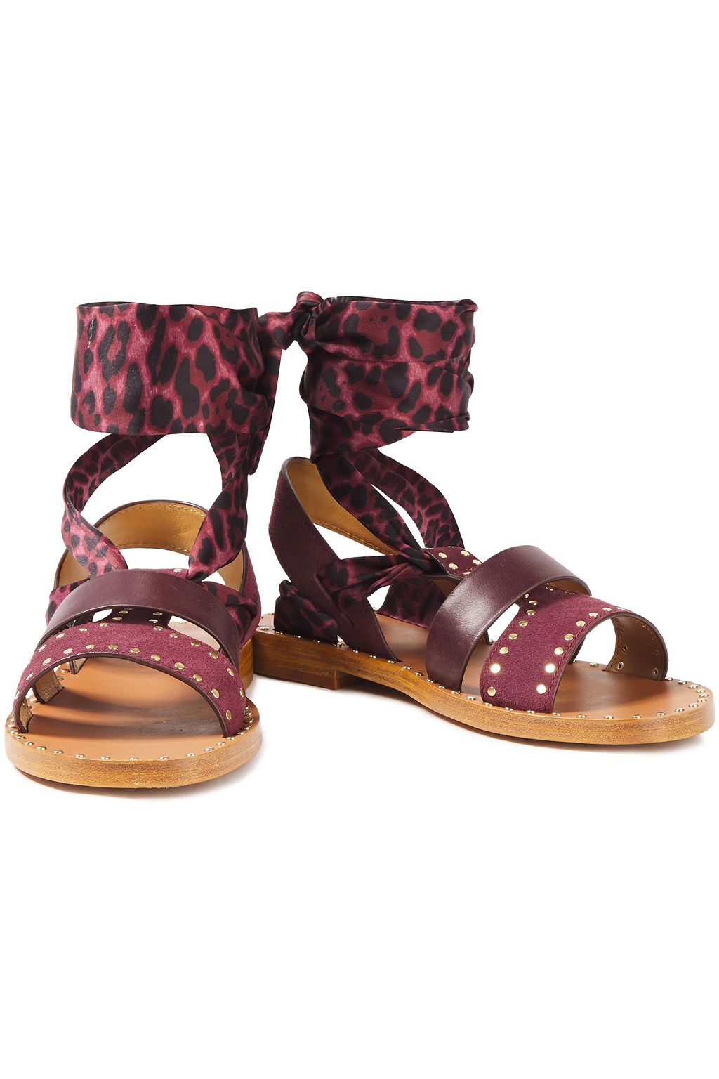 SANDRO Studded suede, leather and leopard-print satin sandals