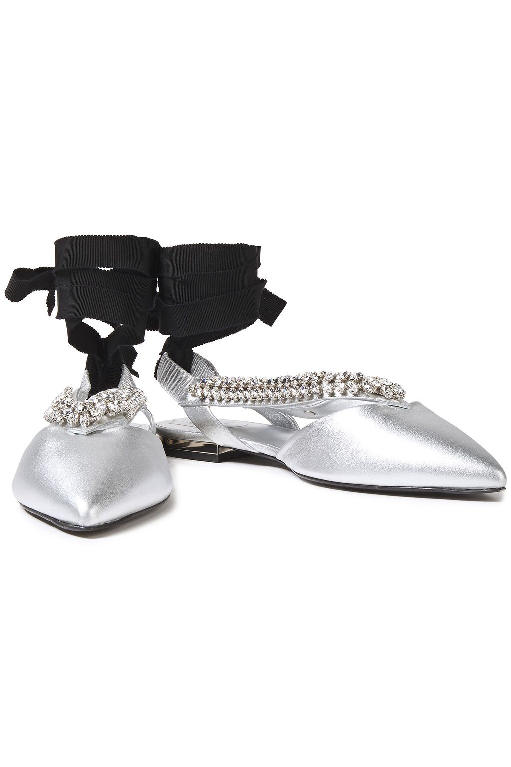 ROGER VIVIER Choc Real V crystal-embellished metallic leather point-toe flats