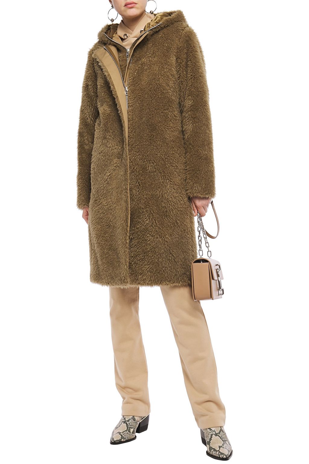 HELMUT LANG Layered faux shearling hooded coat