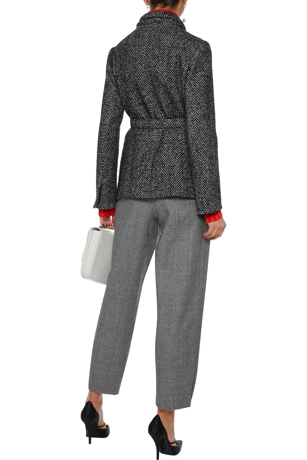OSCAR DE LA RENTA Tie-neck belted herringbone wool-blend jacket
