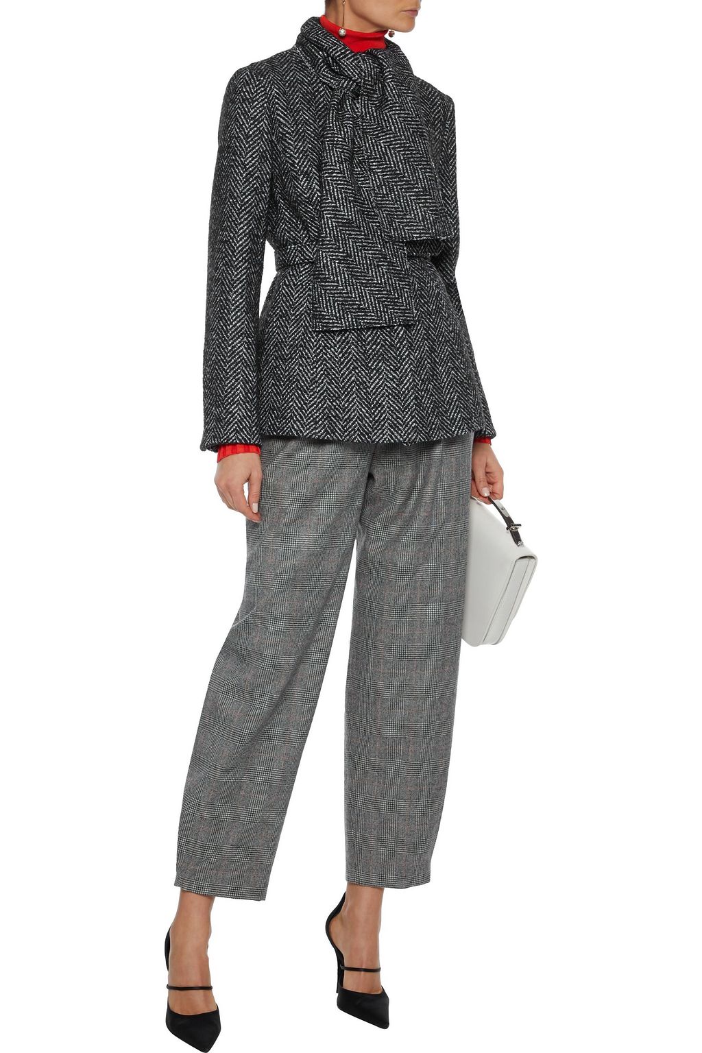 OSCAR DE LA RENTA Tie-neck belted herringbone wool-blend jacket