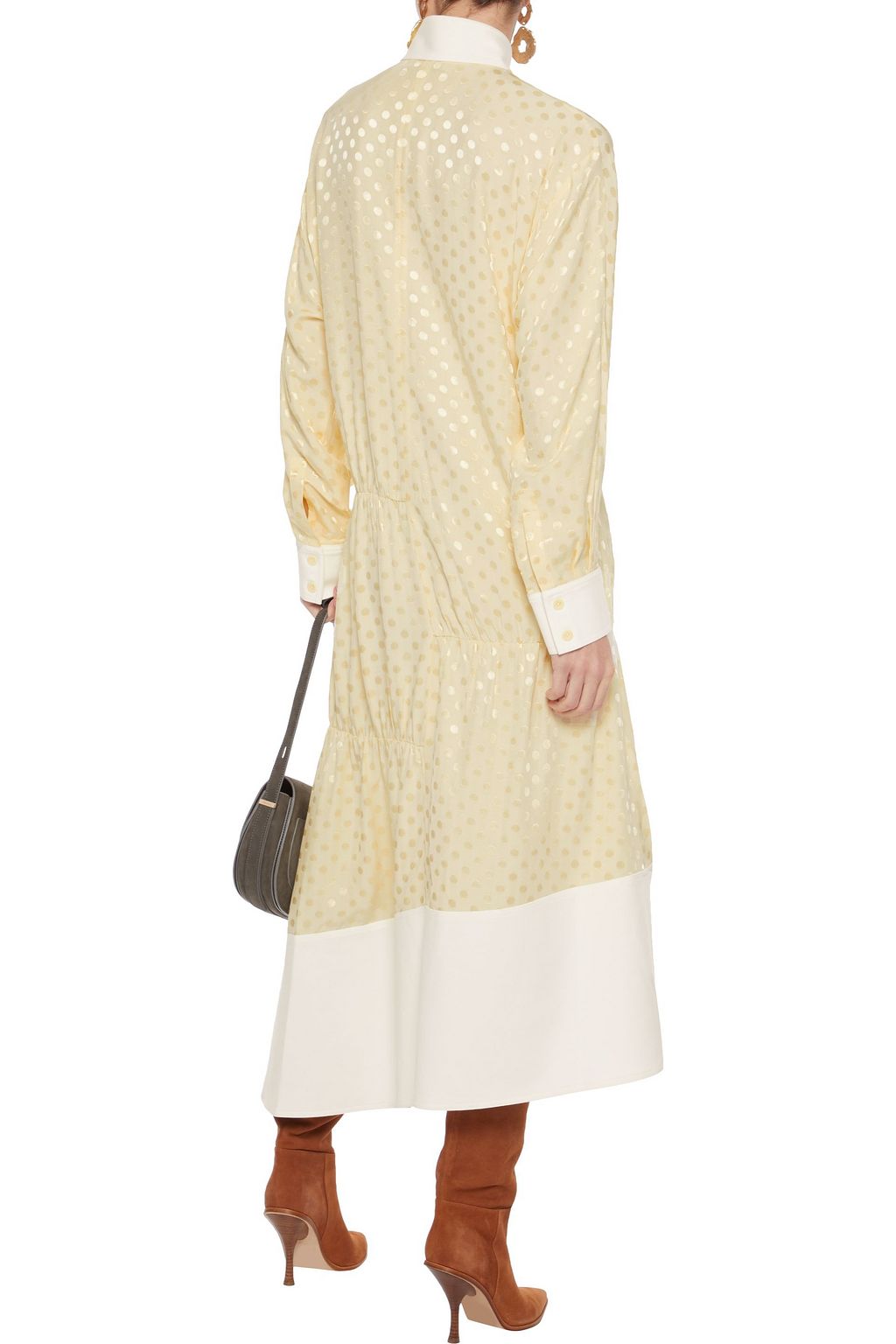 TIBI Tie-neck cady-paneled satin-jacquard midi dress