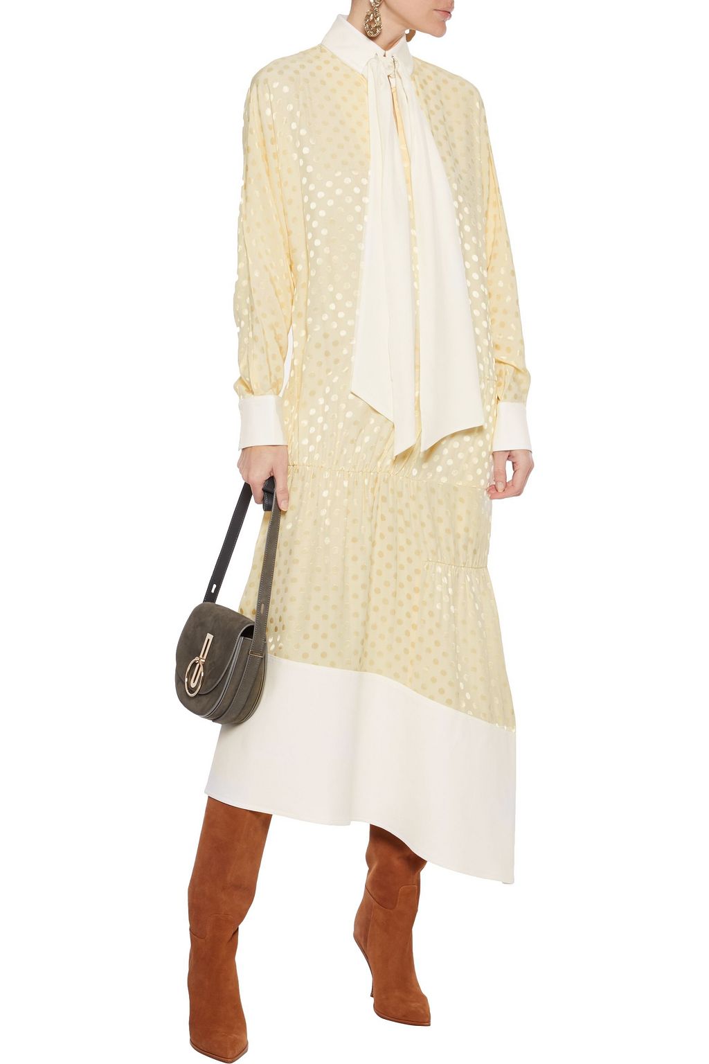 TIBI Tie-neck cady-paneled satin-jacquard midi dress