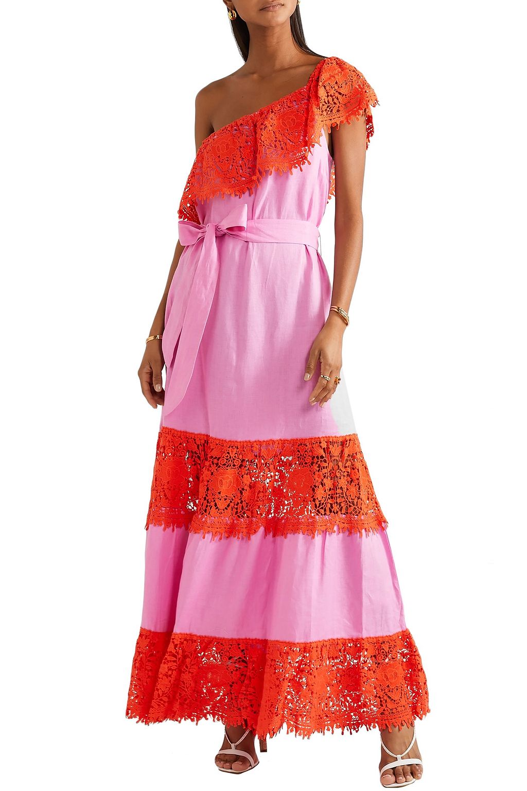 MIGUELINA Rezina one-shoulder guipure lace-trimmed linen maxi dress