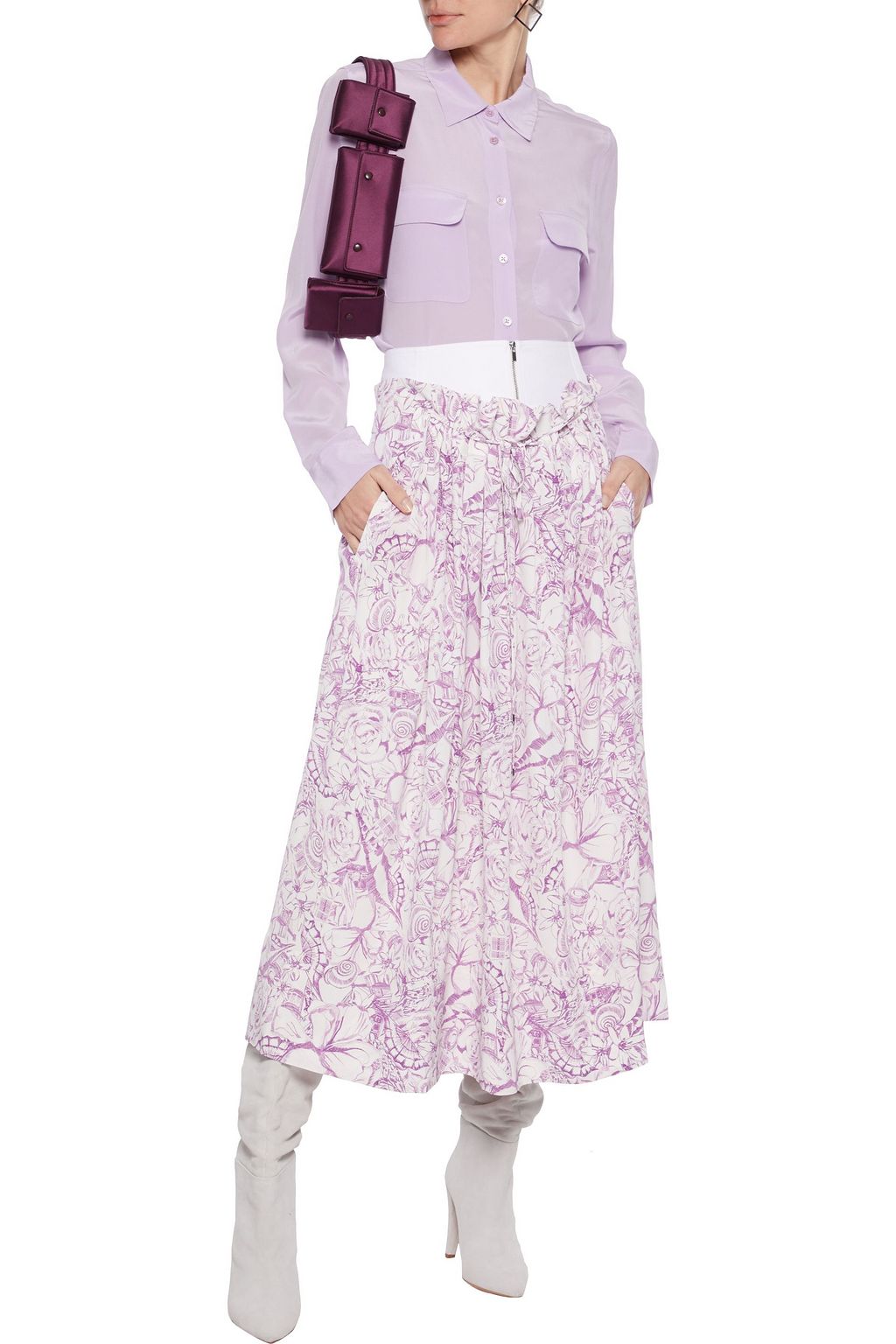 TIBI Isa gathered printed silk crepe de chine midi skirt
