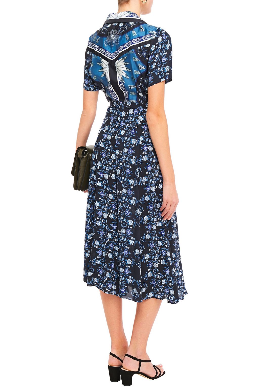 SANDRO Nour silk twill-paneled printed crepe de chine midi dress