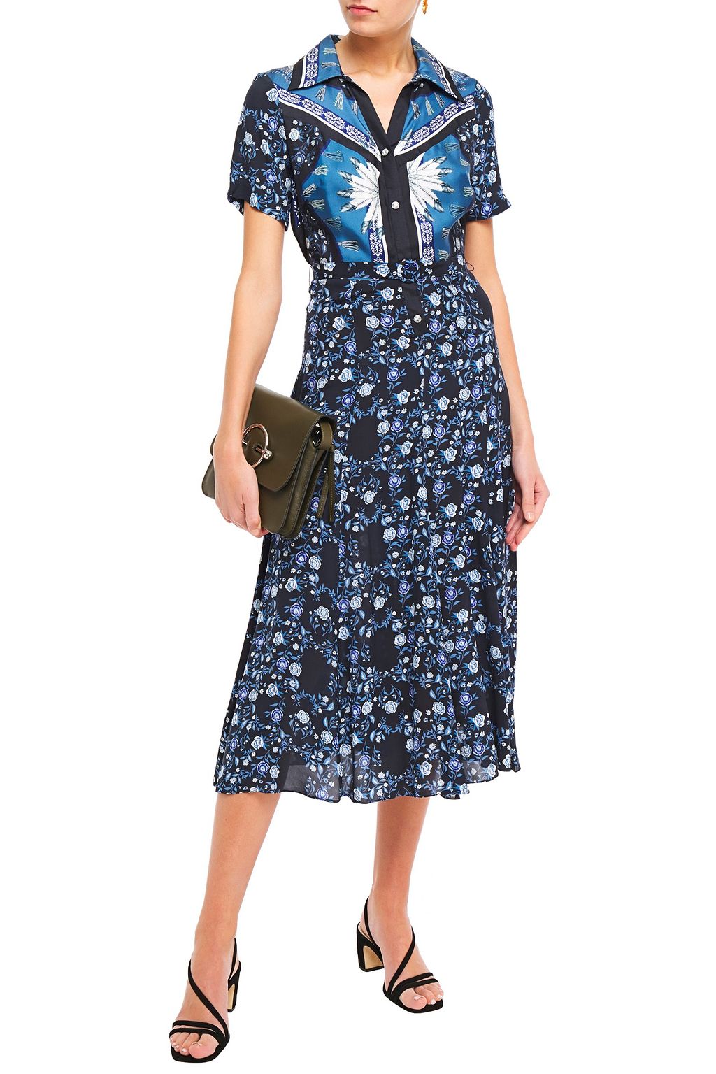 SANDRO Nour silk twill-paneled printed crepe de chine midi dress