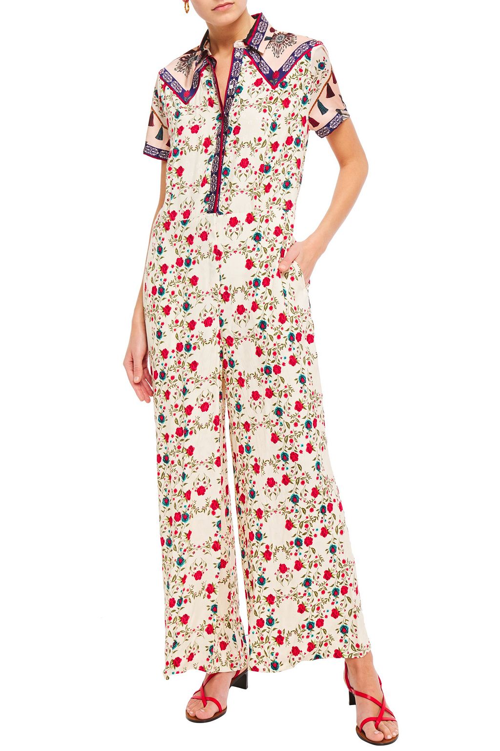 SANDRO Delfine printed twill and jacquard wide-leg jumpsuit