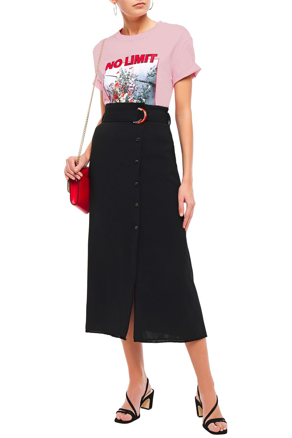 SANDRO Kellan belted fringe-trimmed twill midi skirt