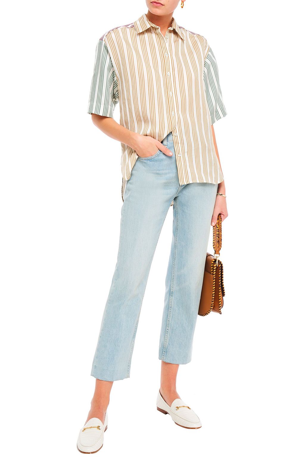 SANDRO Leopold paneled striped satin-jacquard shirt