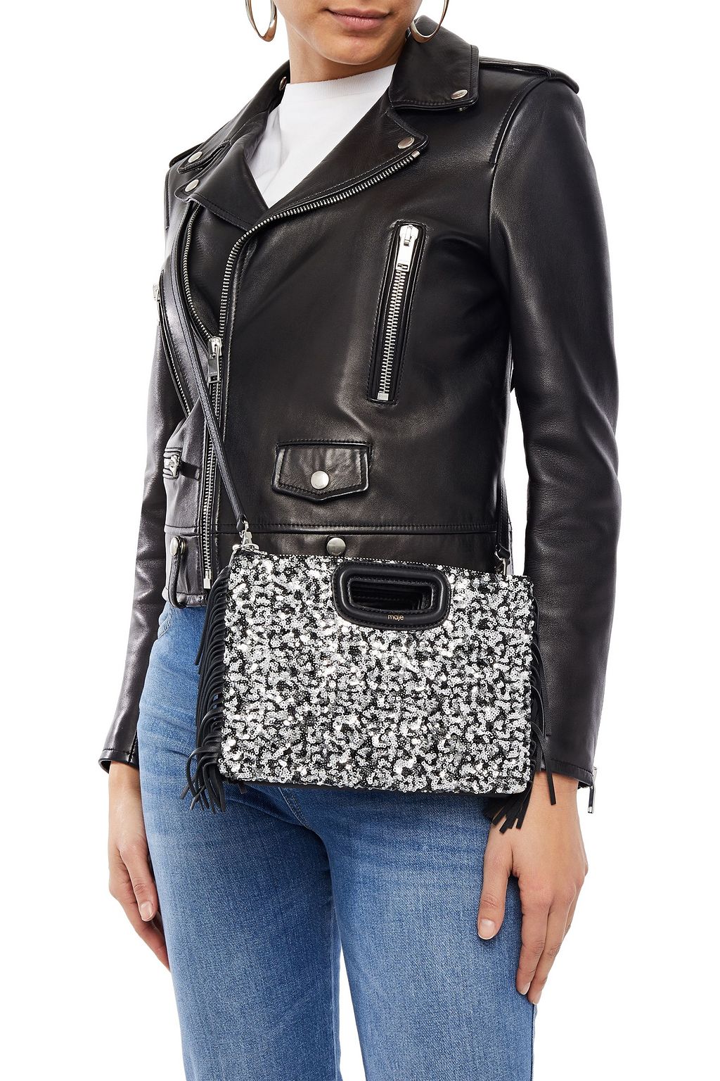 MAJE Fringed sequin-embellished leather clutch