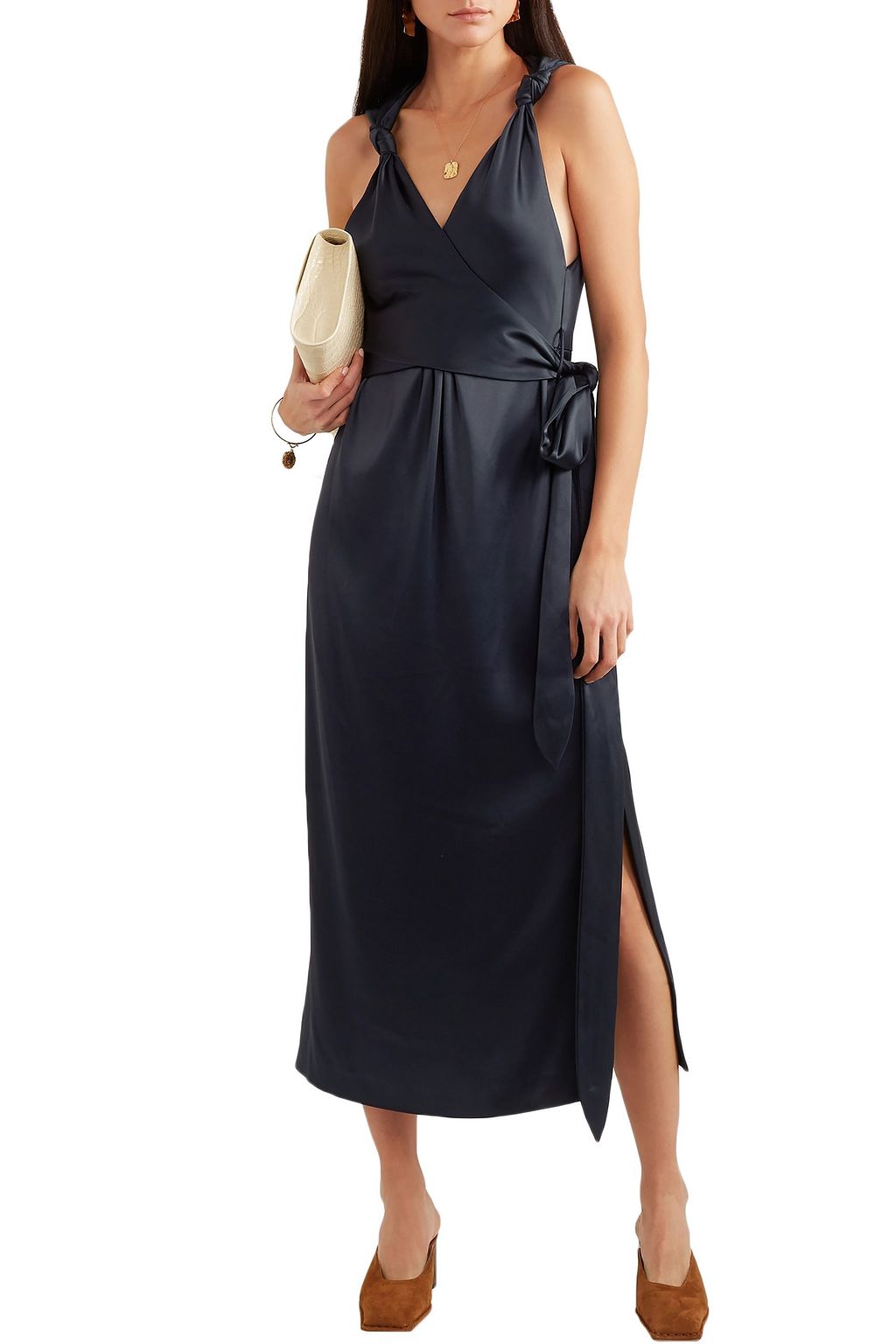 NANUSHKA Shanti knotted satin midi wrap dress