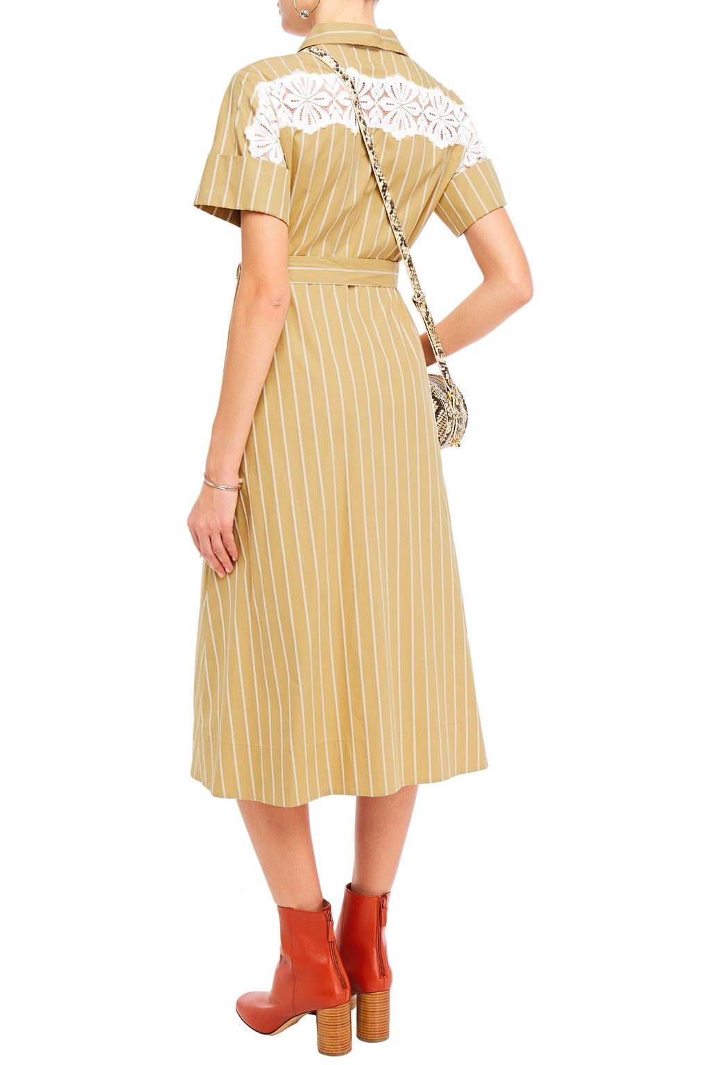 SANDRO Stormy lace-trimmed striped cotton-poplin midi shirt dress