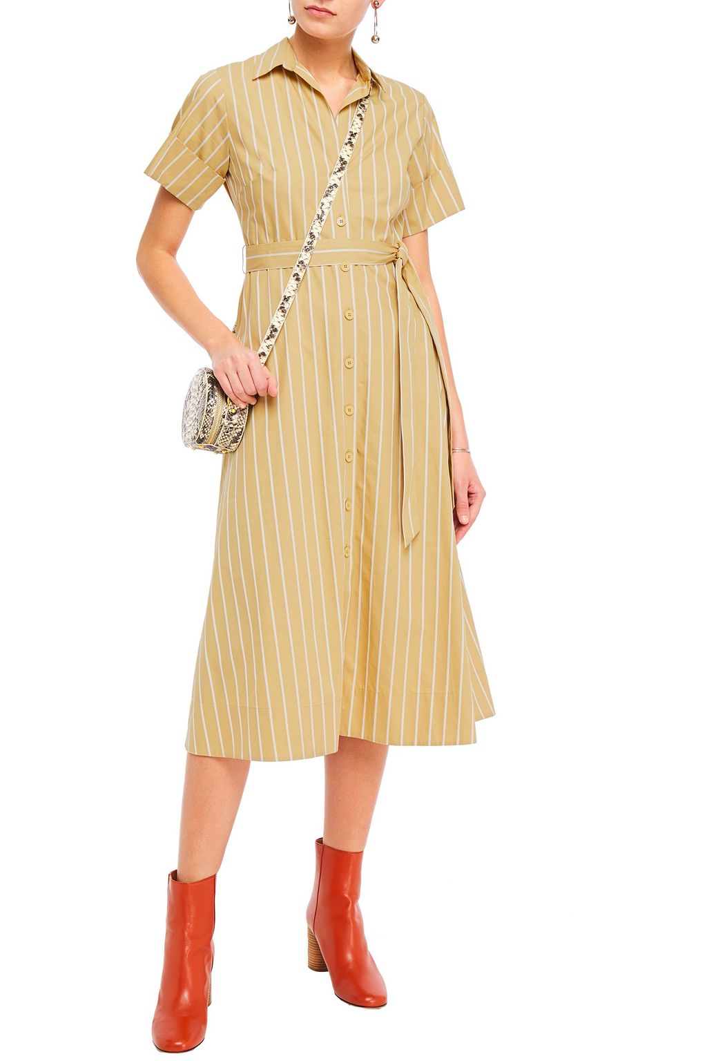 SANDRO Stormy lace-trimmed striped cotton-poplin midi shirt dress