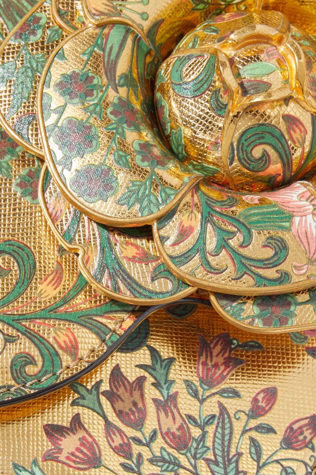 OSCAR DE LA RENTA TRO appliquéd floral-print metallic textured-leather shoulder bag