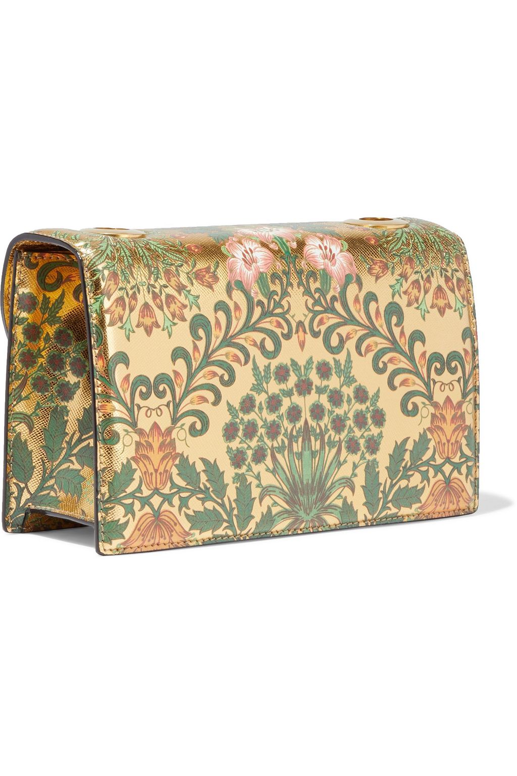 OSCAR DE LA RENTA TRO appliquéd floral-print metallic textured-leather shoulder bag