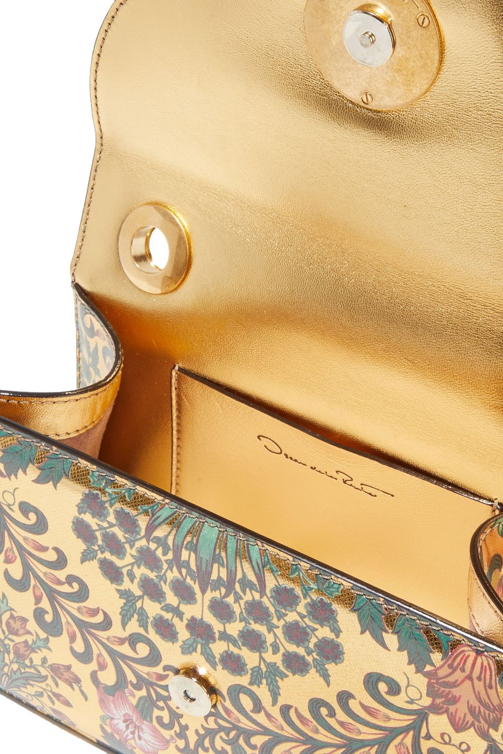 OSCAR DE LA RENTA TRO appliquéd floral-print metallic textured-leather shoulder bag