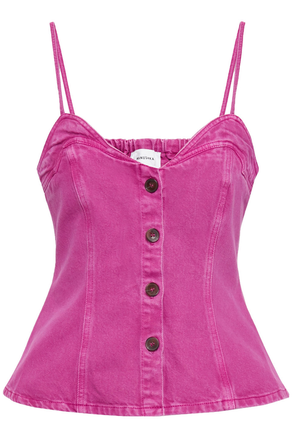 Nanushka Woman Yucca Shirred Faded Denim Peplum Top Magenta Size S Nanushka Woman Yucca Shirred Faded Denim Peplum Top Magenta Size S