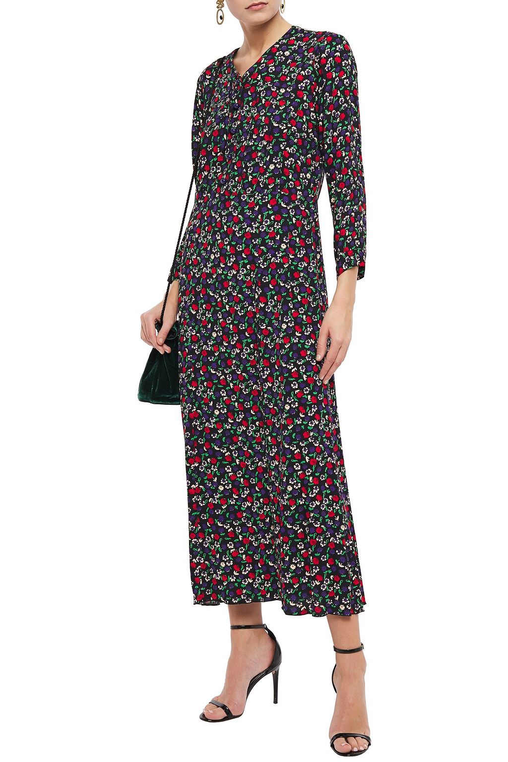 ANNA SUI Pintucked bow-detailed floral-print crepe maxi dress