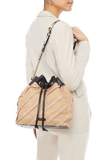 JIMMY CHOO Leather-trimmed fringed raffia bucket bag