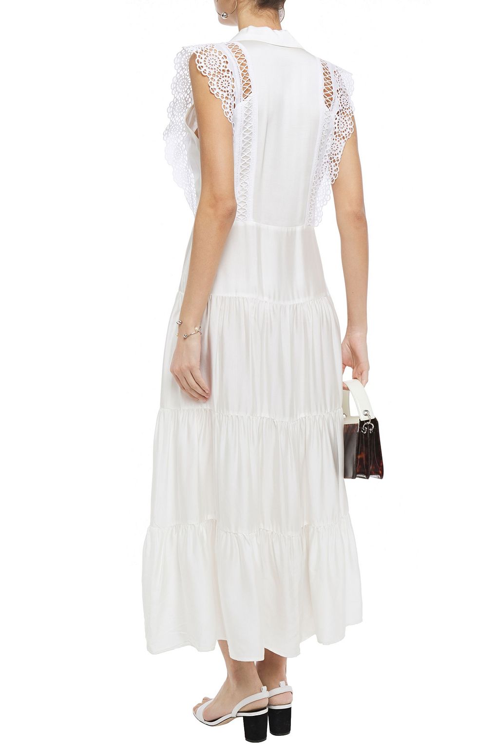 SANDRO Maxime gathered broderie anglaise-trimmed sateen midi dress