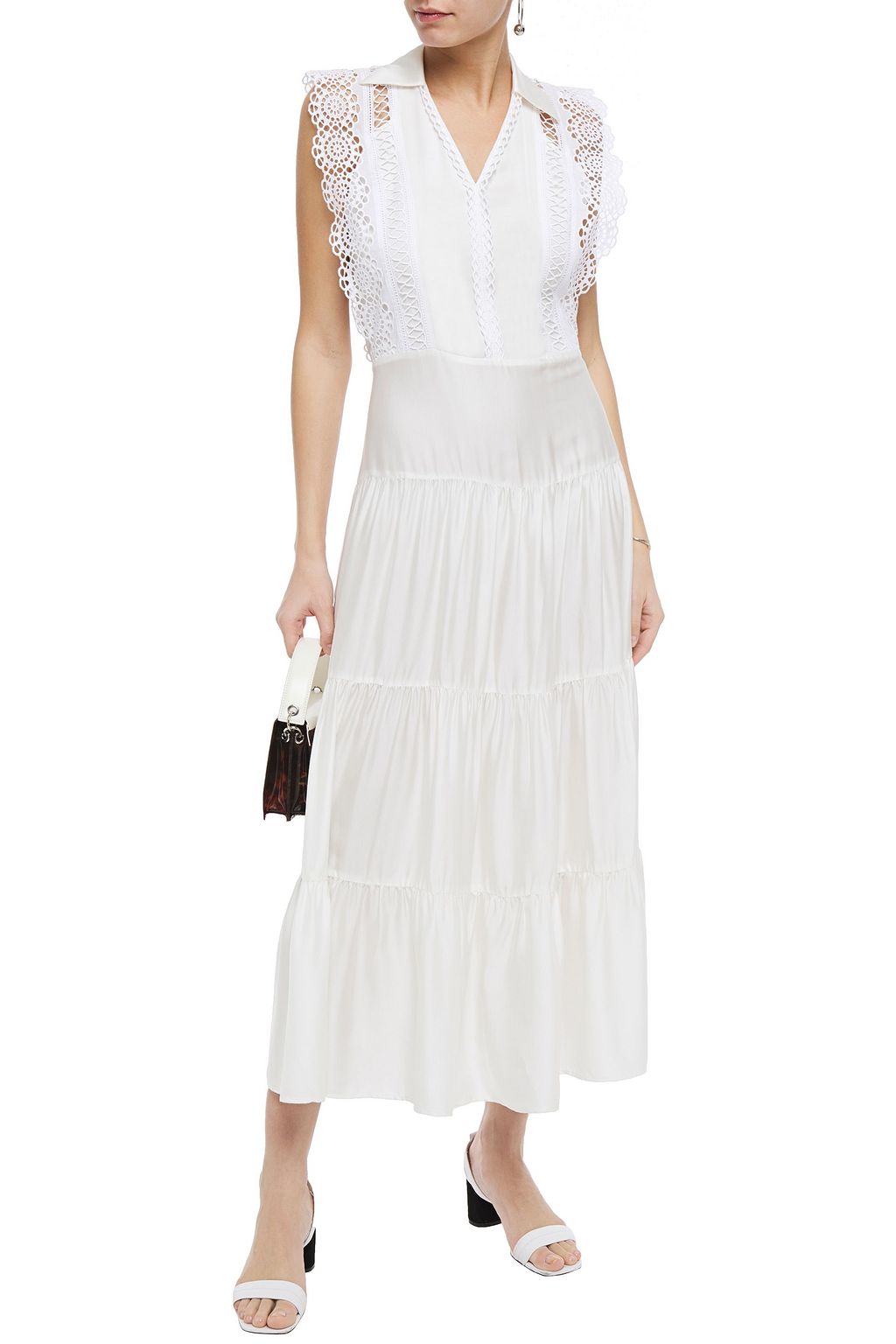 SANDRO Maxime gathered broderie anglaise-trimmed sateen midi dress